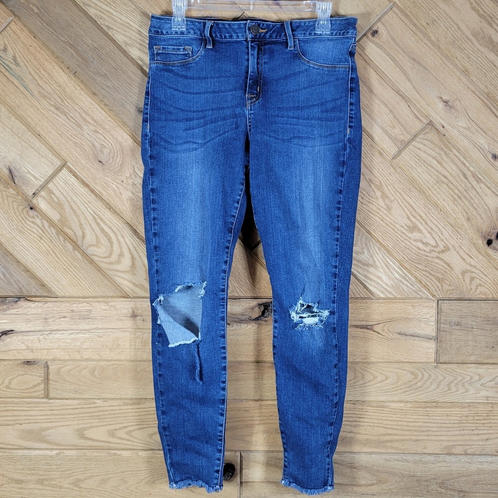 Refuge Womens Blue Denim Distressed Tear Raw Hem Skinny Jeans Size 12